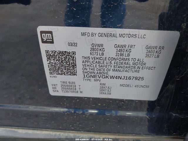 1GNEVGKW4NJ167925 Chevrolet lfy