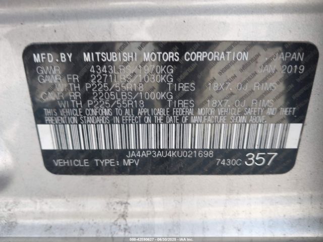2019 MITSUBISHI OUTLANDER SPORT JA4AP3AU4KU021698 Photo 8