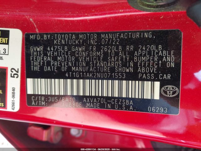 2022 TOYOTA CAMRY 4T1G11AK2NU071553 Photo 8