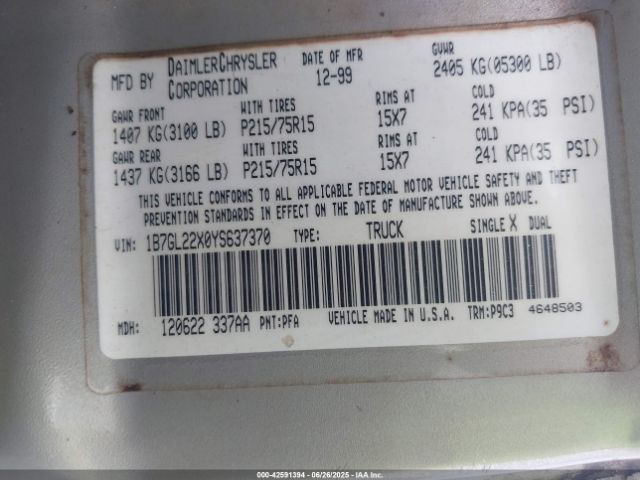 2000 DODGE DAKOTA 1B7GL22X0YS637370 Photo 8