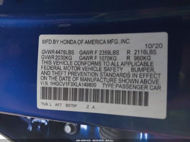 2020 HONDA ACCORD 1HGCV1F3XLA149800 Photo 8