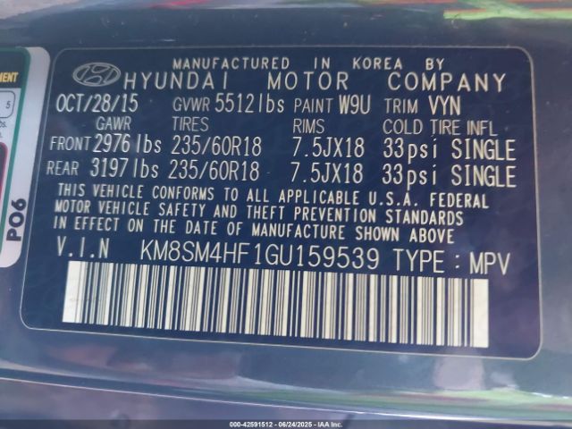 KM8SM4HF1GU159539 Hyundai gdi lambda ii