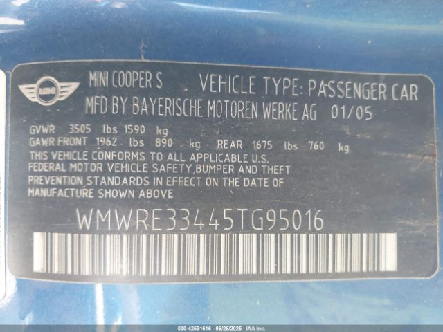 2005 MINI COOPER S WMWRE33445TG95016 Photo 8