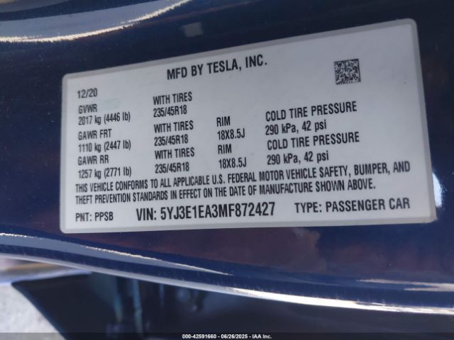 2021 TESLA MODEL 3 5YJ3E1EA3MF872427 Photo 8