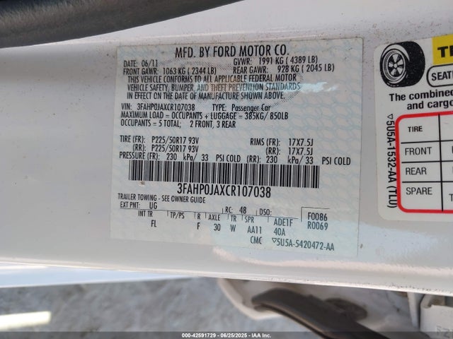 2012 Ford Fusion Sel მანქანა იყიდება აუქციონზე, vin: 3FAHP0JAXCR107038, აუქციონის ნომერი: 42591729