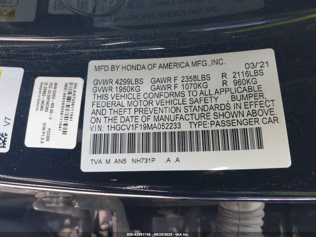 1HGCV1F19MA052233 Honda l15be