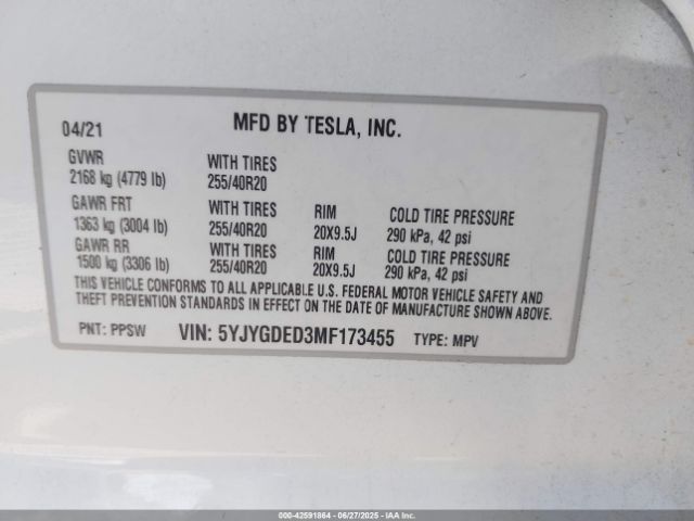 2021 TESLA MODEL Y 5YJYGDED3MF173455 Photo 8