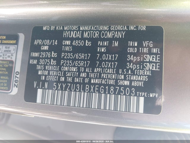 5XYZU3LBXEG187503 Hyundai gdi theta