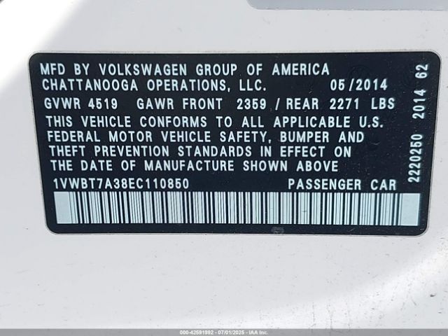 2014 VOLKSWAGEN PASSAT 1VWBT7A38EC110850 Photo 8