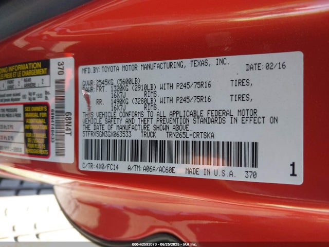 5TFRX5GN3GX063533 Toyota 2tr-fe