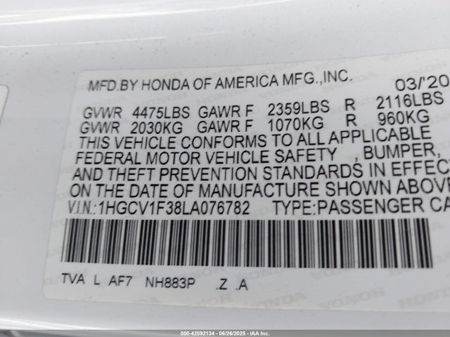 1HGCV1F38LA076782 Honda l15be