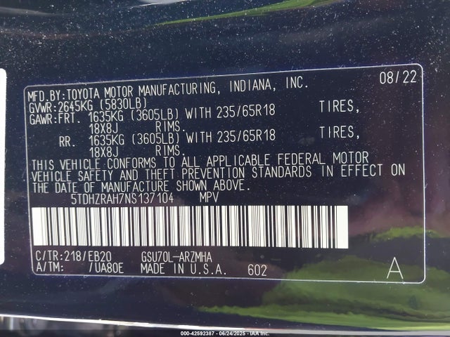 5TDHZRAH7NS137104 Toyota 2gr-fks