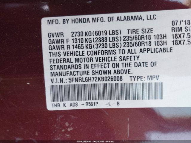 2019 HONDA ODYSSEY 5FNRL6H72KB026008 Photo 8