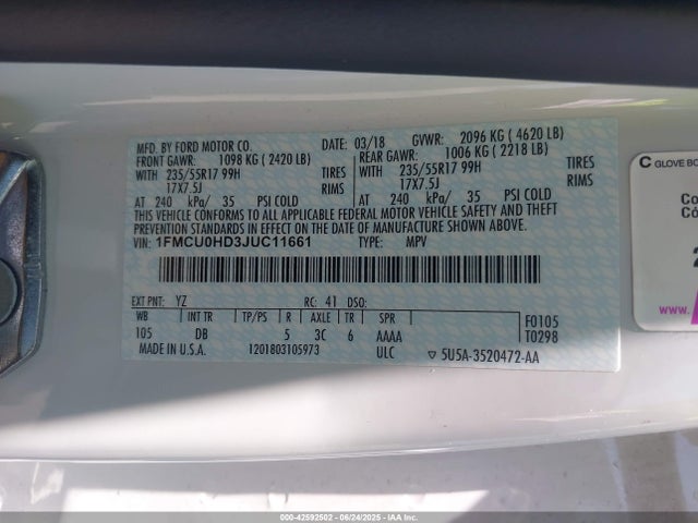 1FMCU0HD3JUC11661 Ford 1.5l gtdi sigma w/premium fuel