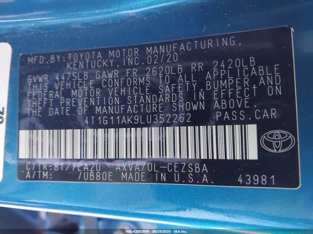 4T1G11AK9LU352262 Toyota a25a-fks