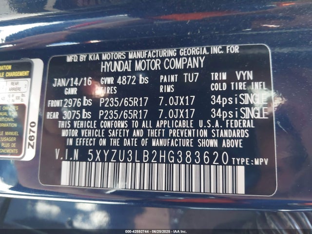 5XYZU3LB2HG383620 Hyundai gdi theta ii