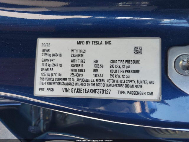 2022 TESLA MODEL 3 5YJ3E1EAXNF370127 Photo 8