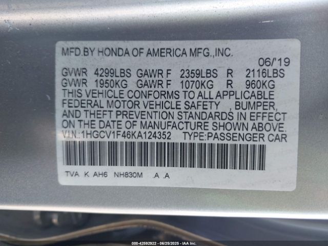 2019 HONDA ACCORD 1HGCV1F46KA124352 Photo 8