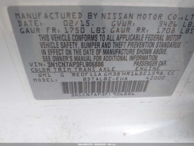 3N1CN7AP3FL906886 Nissan 2015