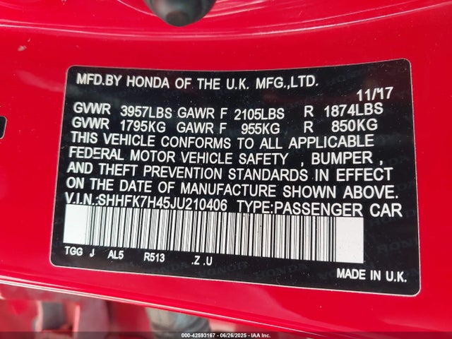 SHHFK7H45JU210406 Honda l15ba