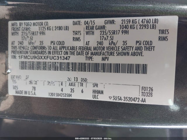 1FMCU9GXXFUC31347 Ford 2015