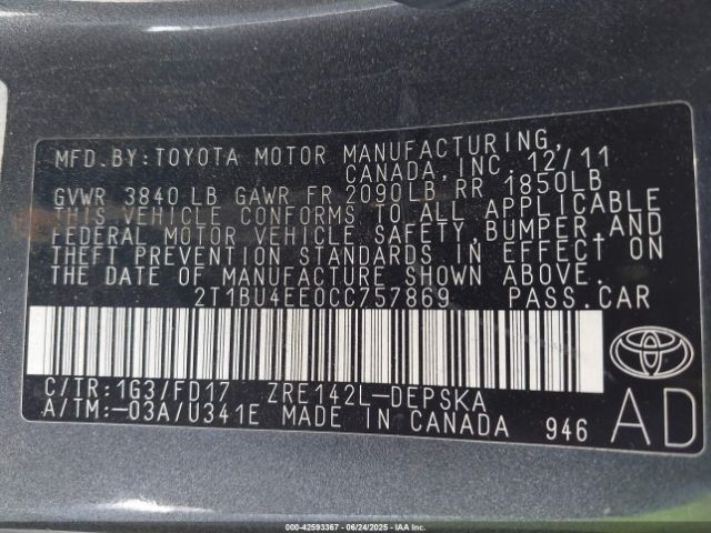 2012 TOYOTA COROLLA 2T1BU4EE0CC757869 Photo 8