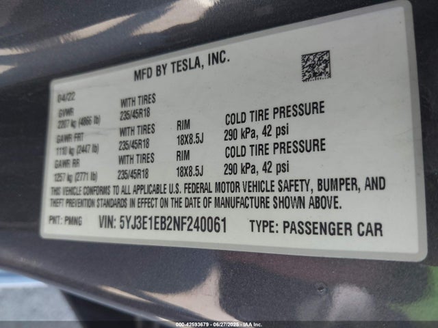 2022 TESLA MODEL 3 5YJ3E1EB2NF240061 Photo 8