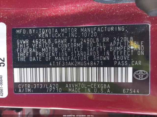 2021 TOYOTA CAMRY 4T1F31AK2MU548471 Photo 8