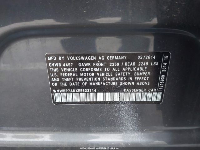 2014 VOLKSWAGEN CC WVWBP7ANXEE533314 Photo 8