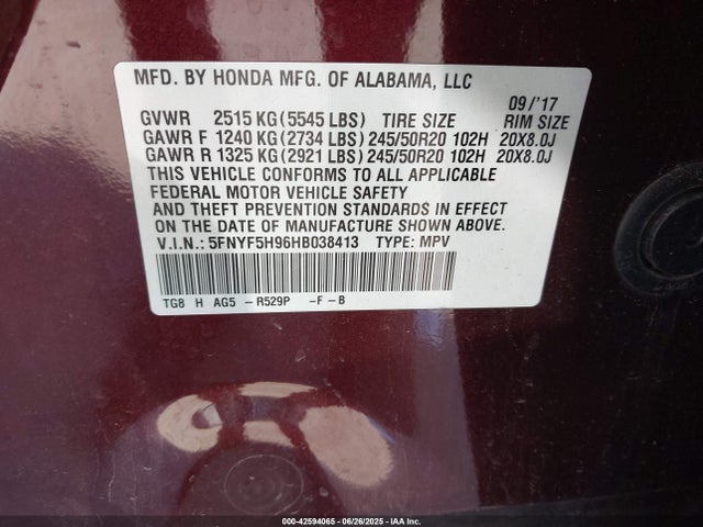 Honda j35y6 2017 5FNYF5H96HB038413 Image 9