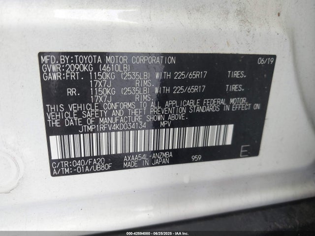 JTMP1RFV4KD034134 Toyota a25a-fks