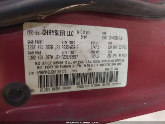 2008 CHRYSLER PACIFICA 2A8GM48L68R152173 Photo 8