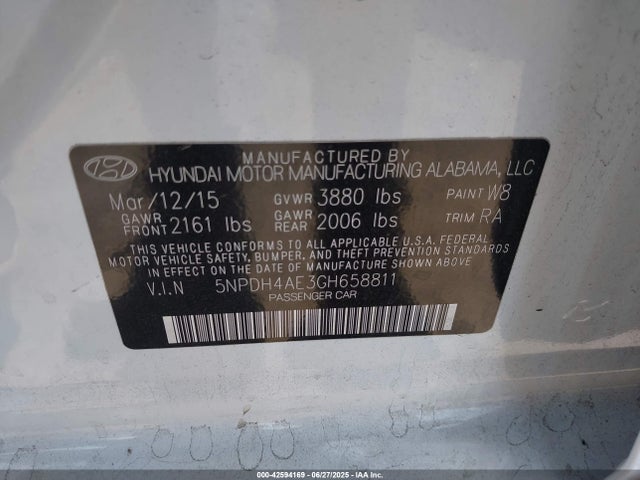 5NPDH4AE3GH658811 Hyundai dohc mpi nu
