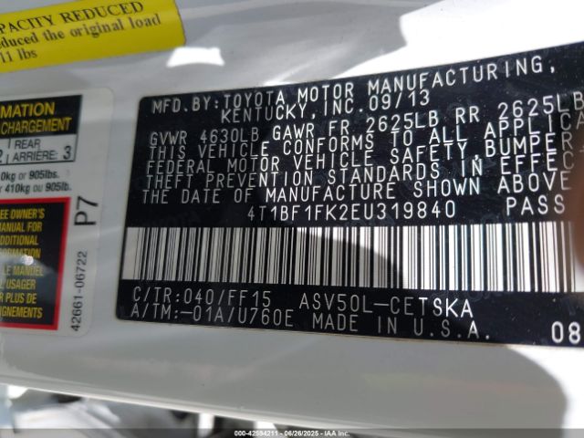 4T1BF1FK2EU319840 Toyota 2ar-fe