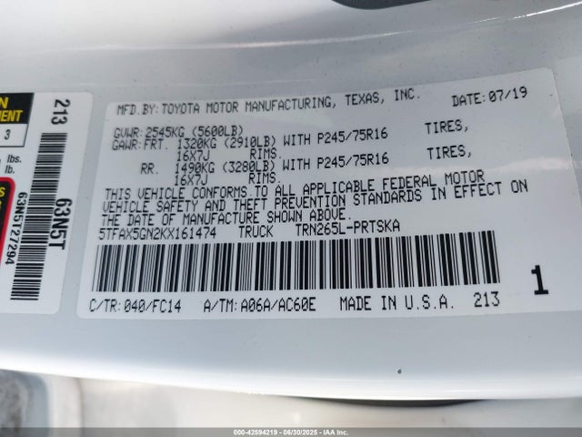 5TFAX5GN2KX161474 Toyota 2tr-fe