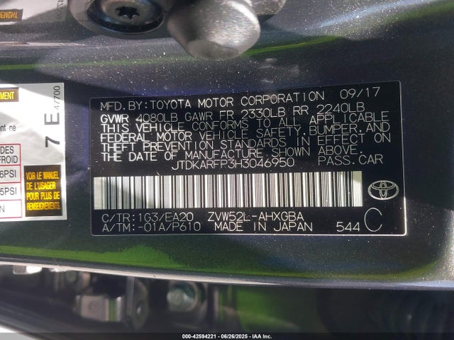 JTDKARFP3H3046950 Toyota 2zr-fxe+1nm