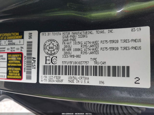 5TFUY5F18KX837757 Toyota 3ur-fe