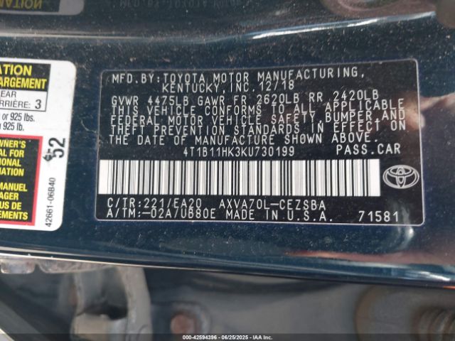 2019 TOYOTA CAMRY 4T1B11HK3KU730199 Photo 8
