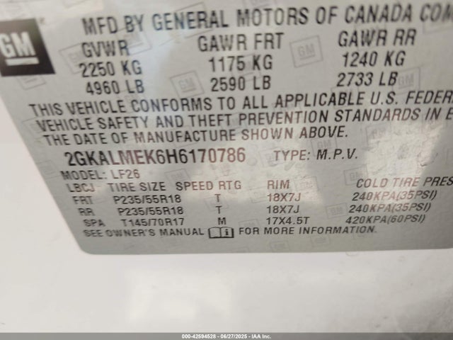 2GKALMEK6H6170786 GMC lea - sidi: spark ignited direct injection, e85 max, alum