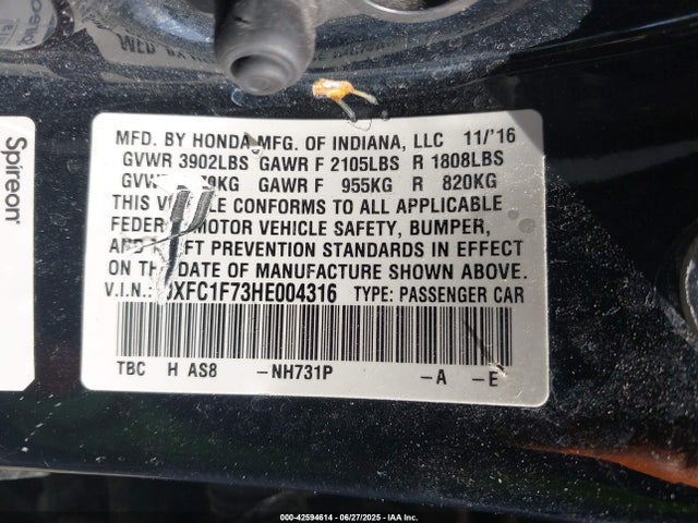 Honda l15b7 2017 19XFC1F73HE004316 Image 9