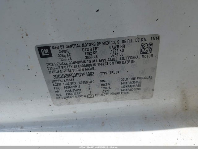 3GCUKREC3FG194062 Chevrolet l83 - vvt, active fuel management, aluminum