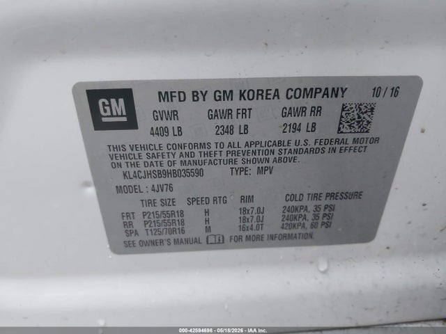 42594698 :رقم المزاد ، KL4CJHSB9HB035590 vin ، 2017 Buick Encore Premium مزاد بيع
