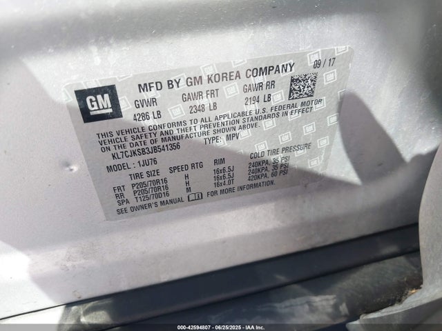 KL7CJKSB3JB541356 Chevrolet luv - mfi, variable valve timing, e85 max, alum