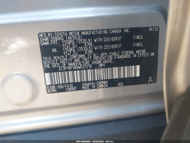2025 Toyota Rav4 Xle მანქანა იყიდება აუქციონზე, vin: 2T3P1RFV8SW537216, აუქციონის ნომერი: 42594808