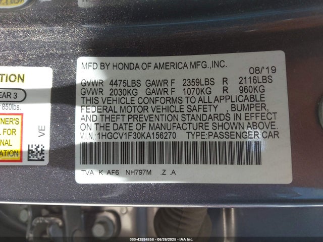 1HGCV1F30KA156270 Honda l15be