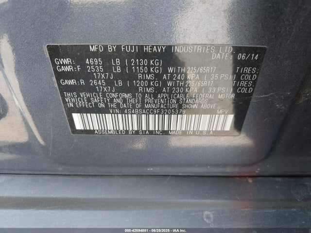 Subaru 2.5l u5 2015 4S4BSACC9F3205379 Image 9