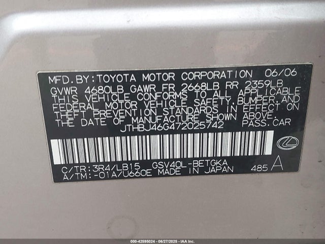 Продажа на аукционе авто 2007 Lexus Es 350, vin: JTHBJ46G472025742, номер лота: 42595024