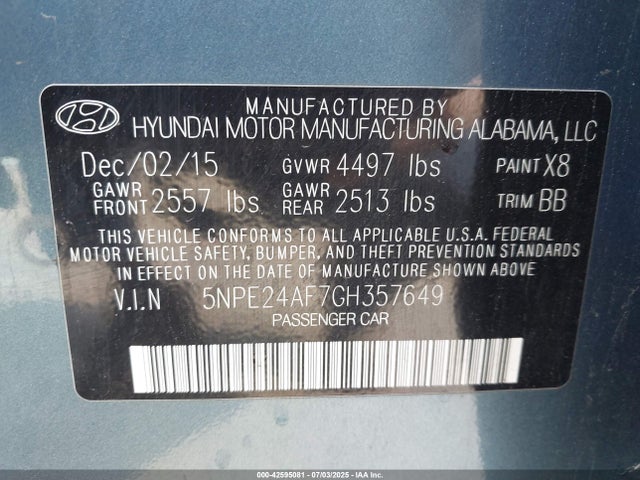 5NPE24AF7GH357649 Hyundai dohc gdi theta-ii