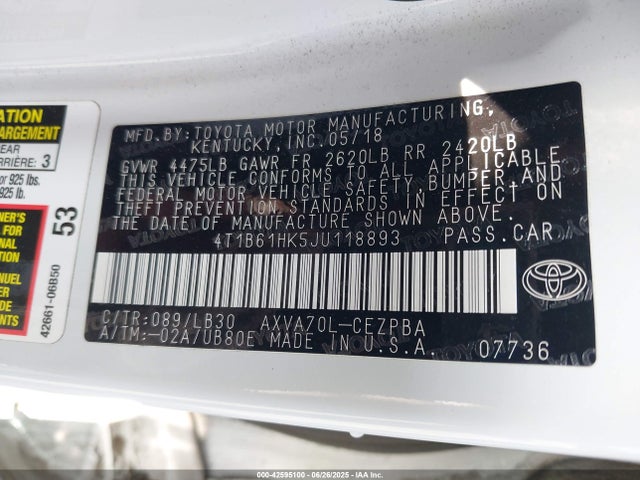 4T1B61HK5JU118893 Toyota a25a-fks