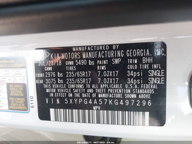 5XYPG4A57KG497296 KIA gdi lambda-ii